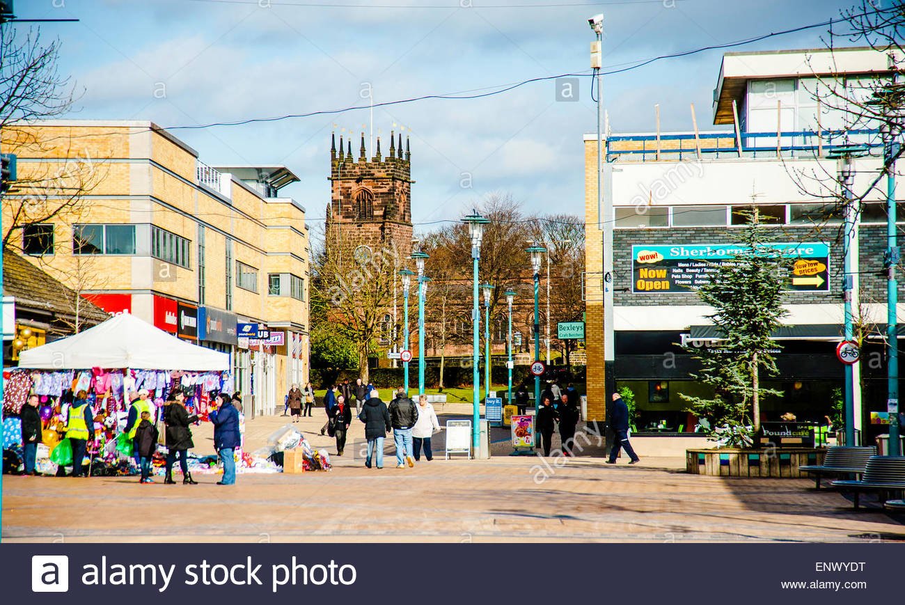 View of the main shopping street Derby Road in Huyton Village Stock