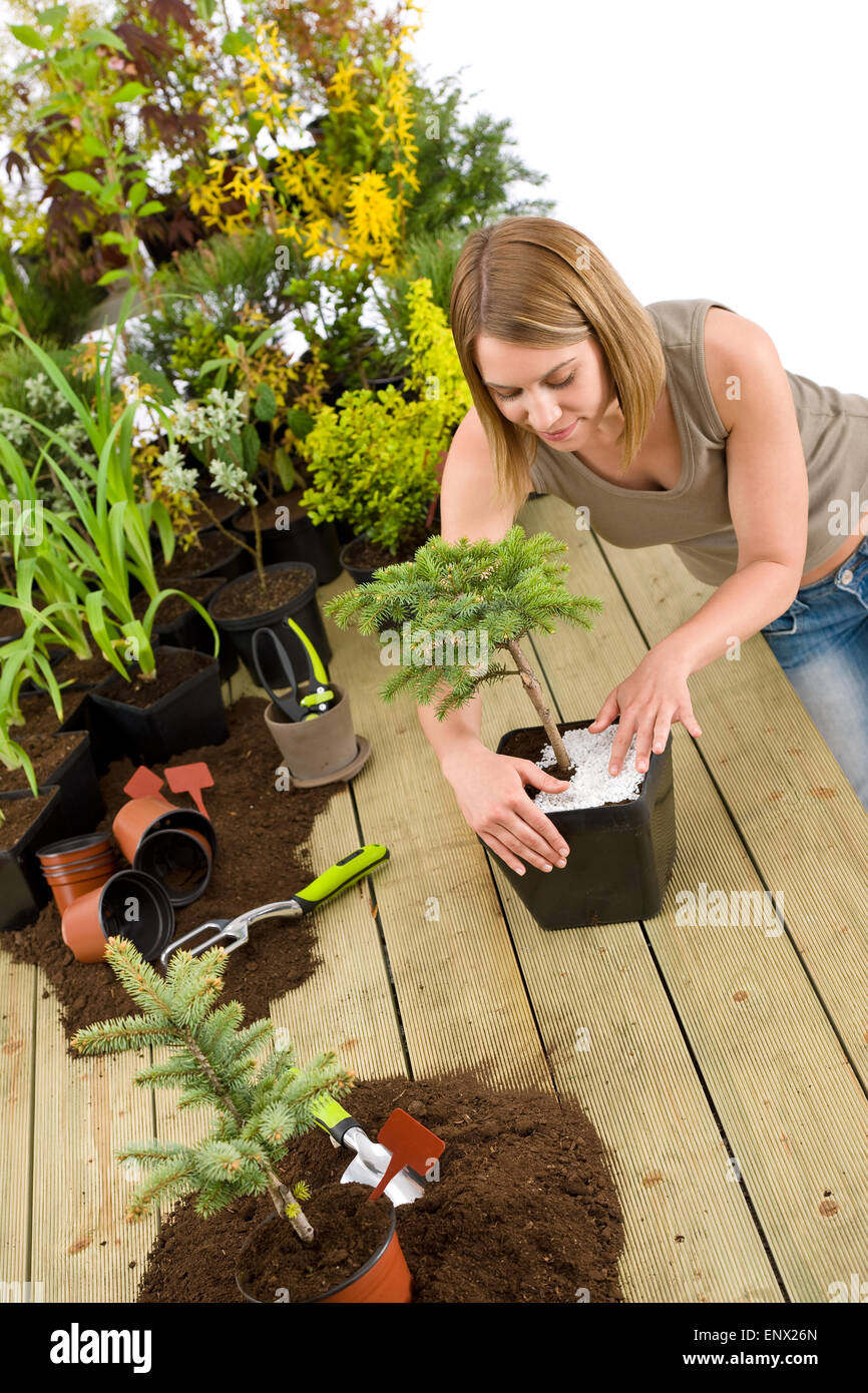 Gardening - woman with bonsai tree and plants Stock Photo