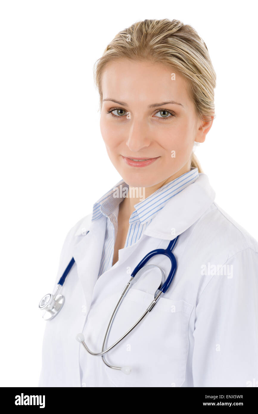 Young female doctor with stethoscope on white Stock Photo - Alamy