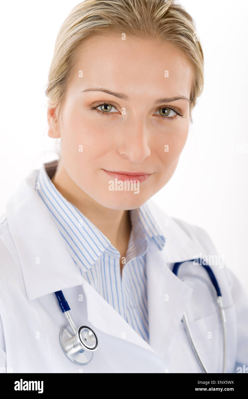 Young female doctor with stethoscope on white Stock Photo