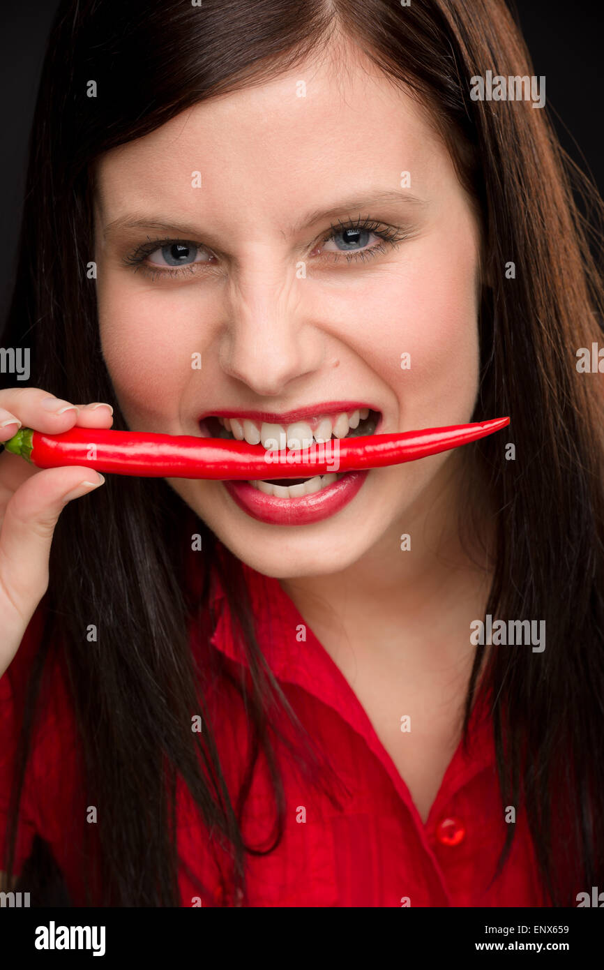 Chili pepper portrait young woman red spicy Stock Photo Alamy