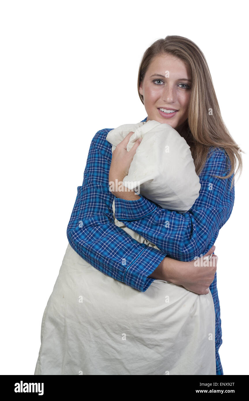 Woman Hugging Pillow Stock Photo Alamy