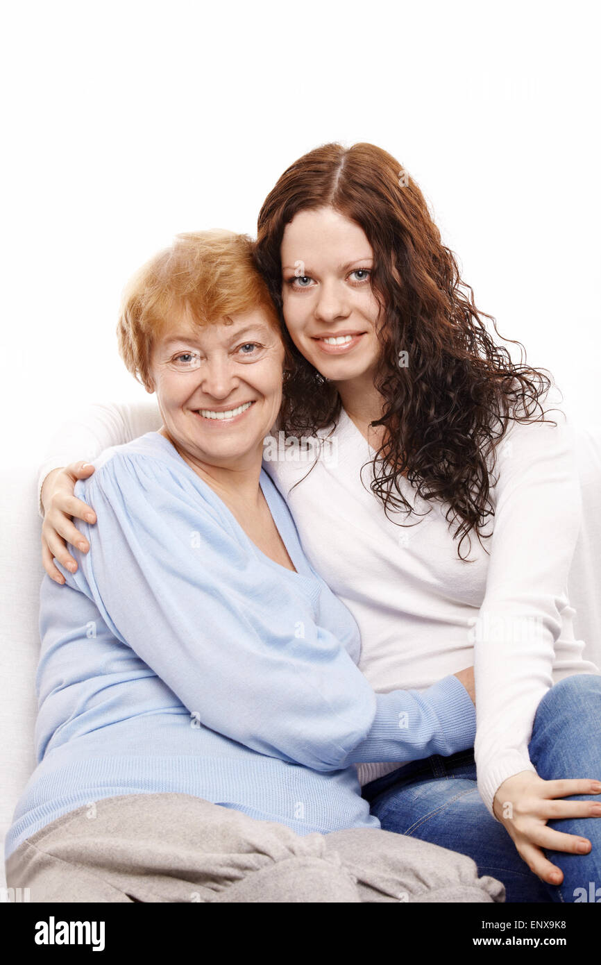 Happy mum and the daughter on a white background Stock Photo