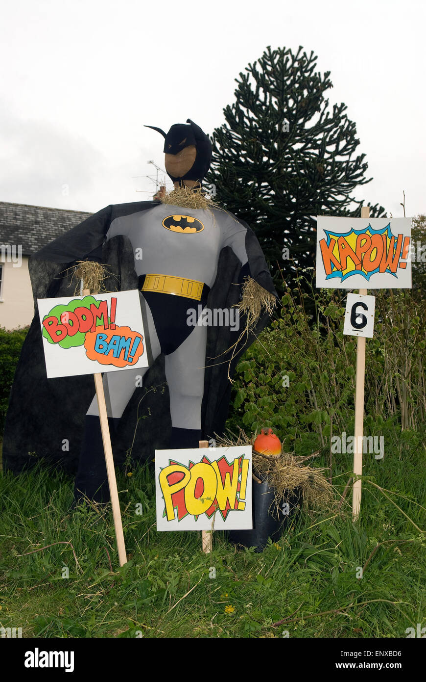 Scarecrow of Batman and Robin, Frensham Scarecrow Festival 2015, frensham, near Farnham, Surrey, UK. Stock Photo