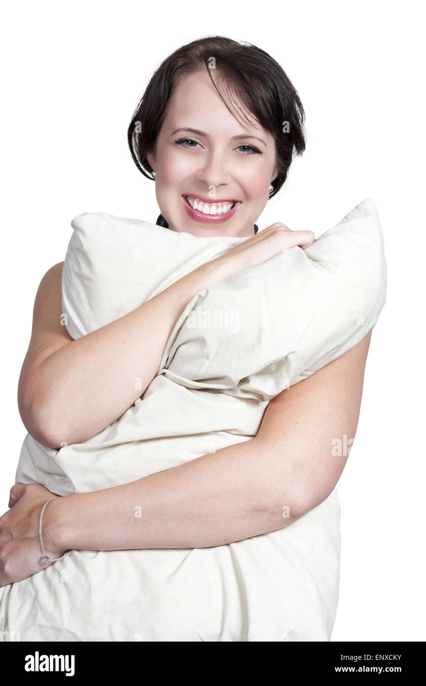 Woman Hugging Pillow Stock Photo Alamy