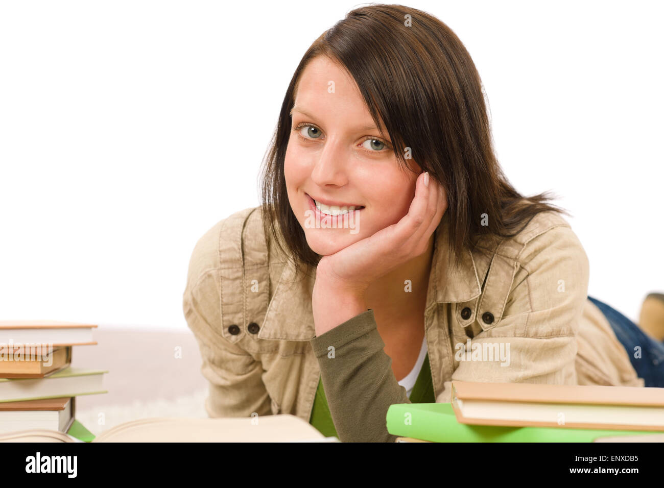Student female teenager write homework with book Stock Photo - Alamy