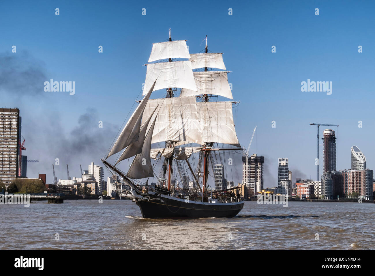 Tall sailing ship, Morgenster, sails up the river Thames, London Stock Photo