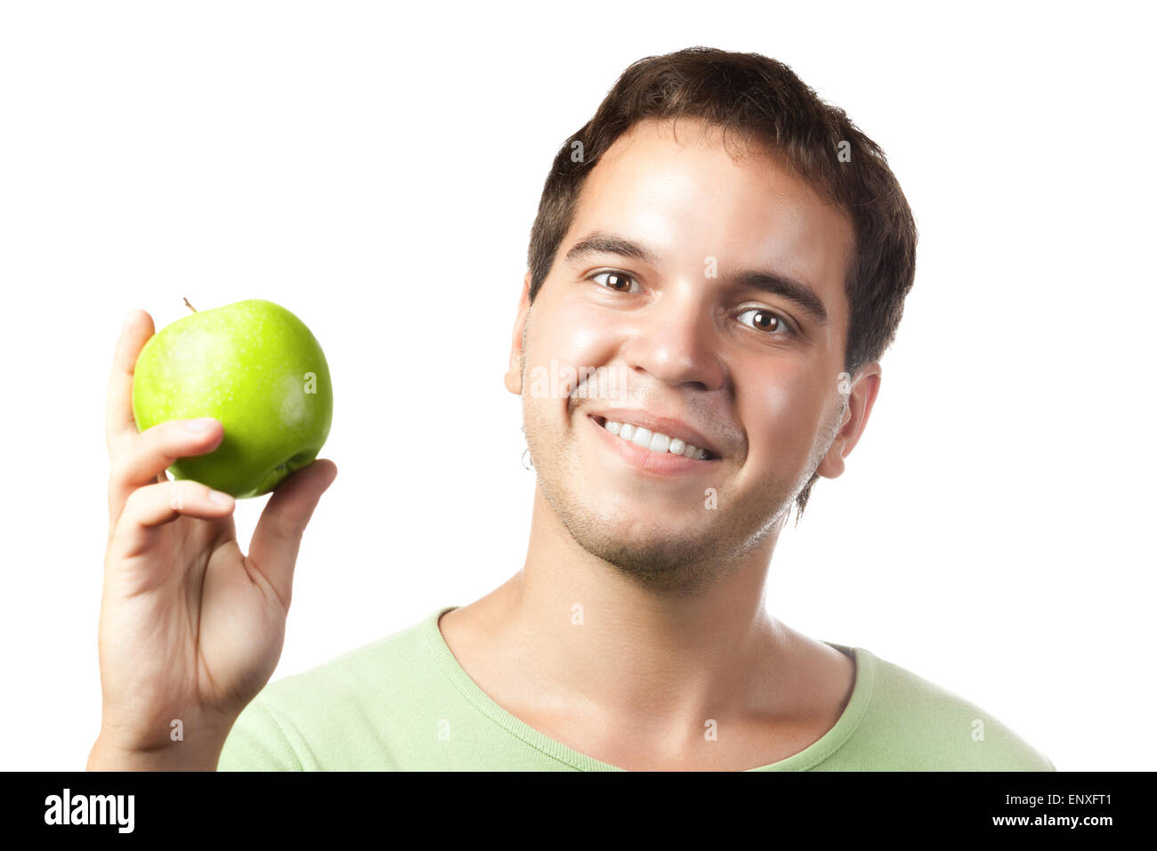 smiling man holding green apple isolated on white Stock Photo - Alamy