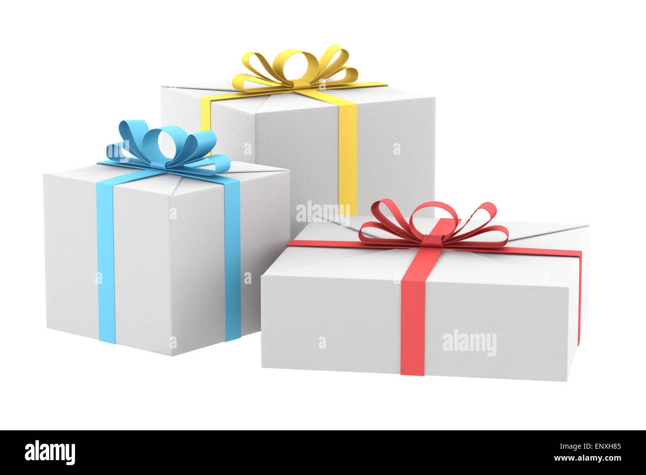 three white gift boxes with color ribbons and bows Stock Photo - Alamy
