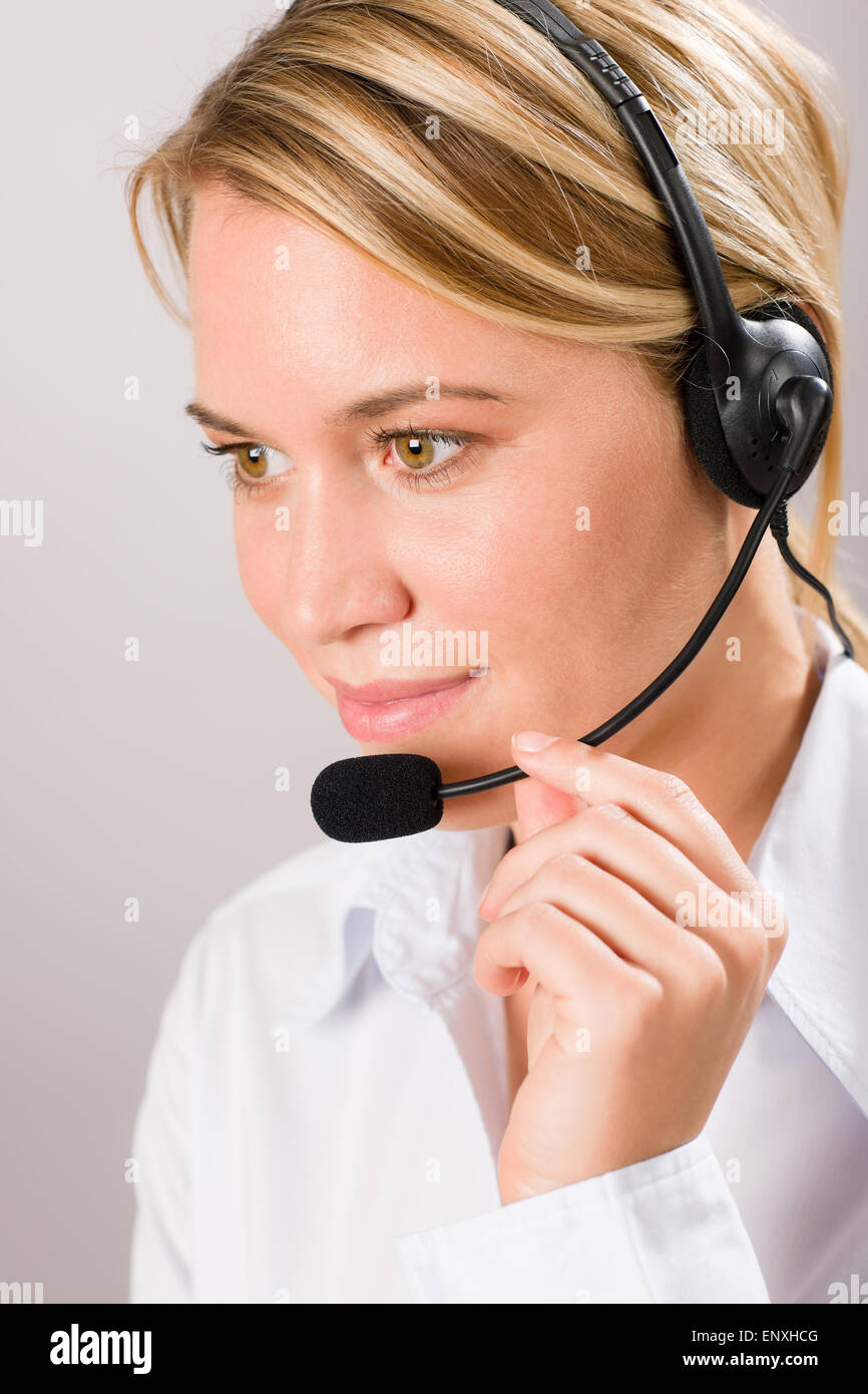 Customer service woman call operator phone headset Stock Photo