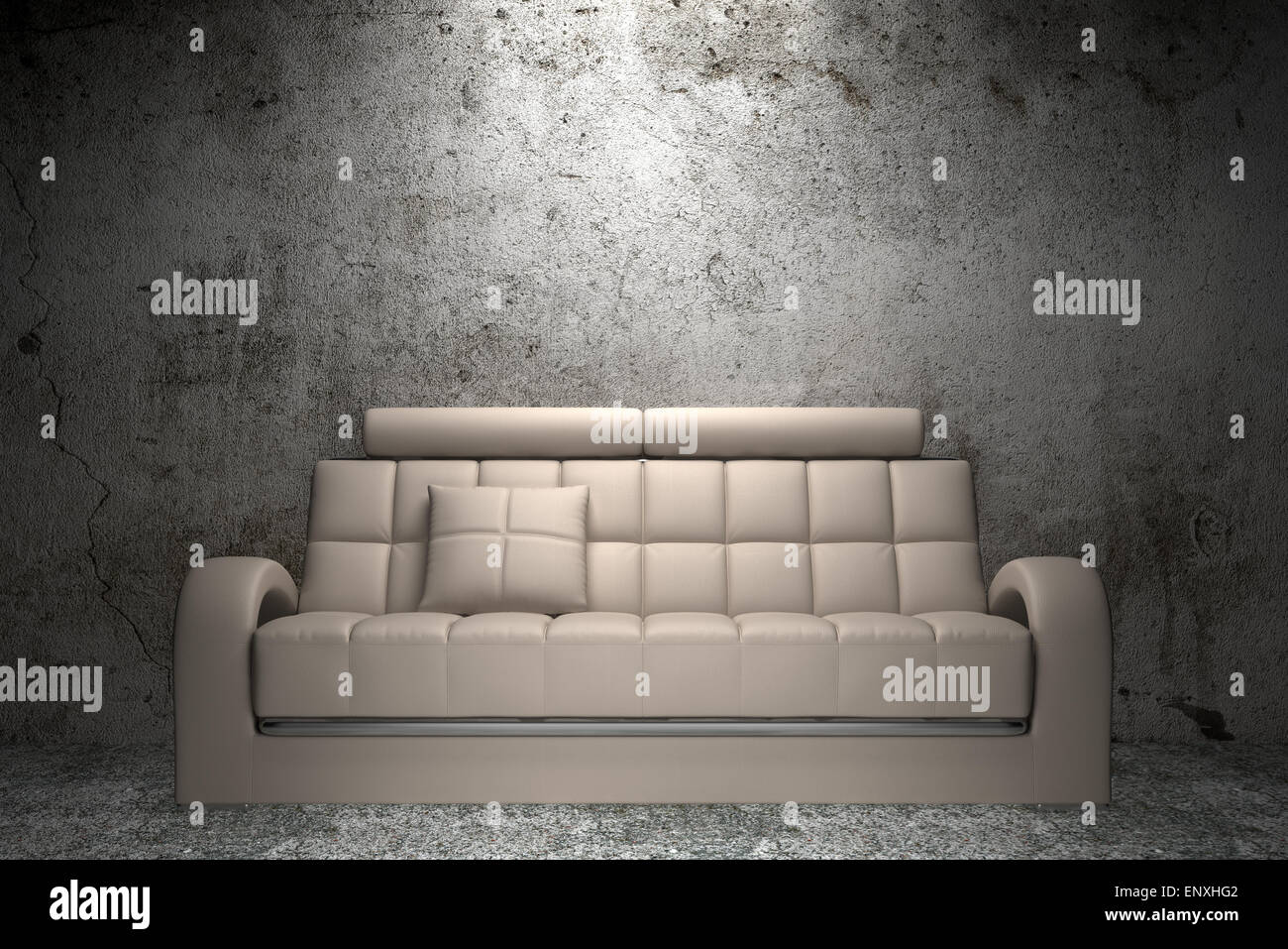 leather sofa in front of grunge concrete wall Stock Photo