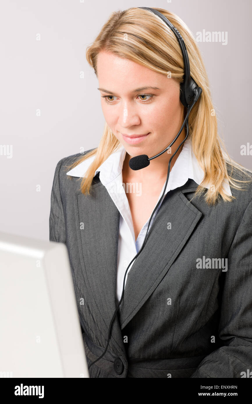 Customer service woman call operator phone headset Stock Photo