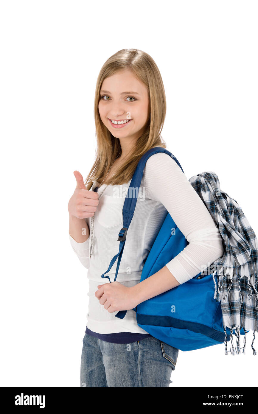 Thumbs up student teenager woman with shoolbag Stock Photo - Alamy