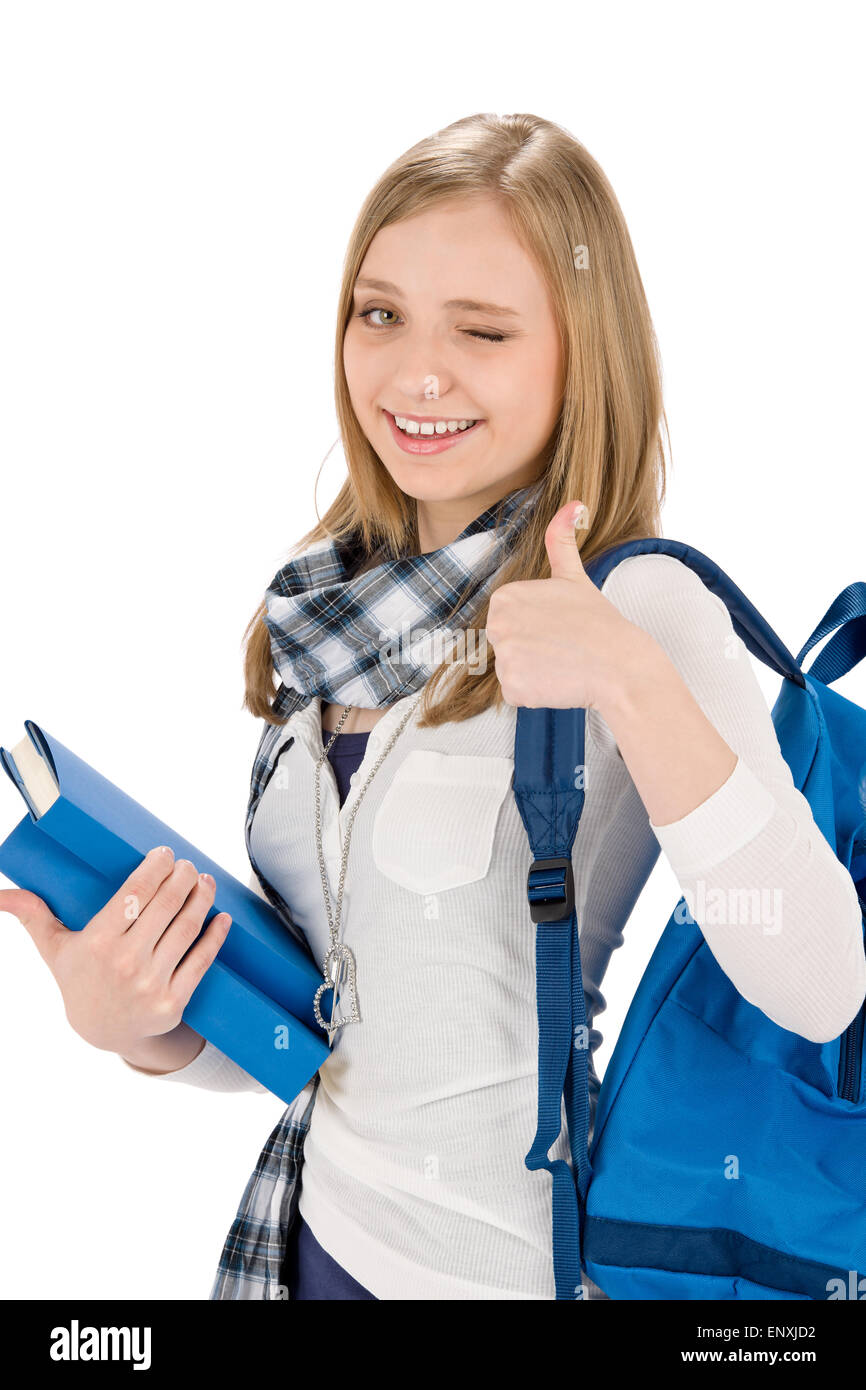 Thumbs up student teenager woman with shoolbag Stock Photo - Alamy