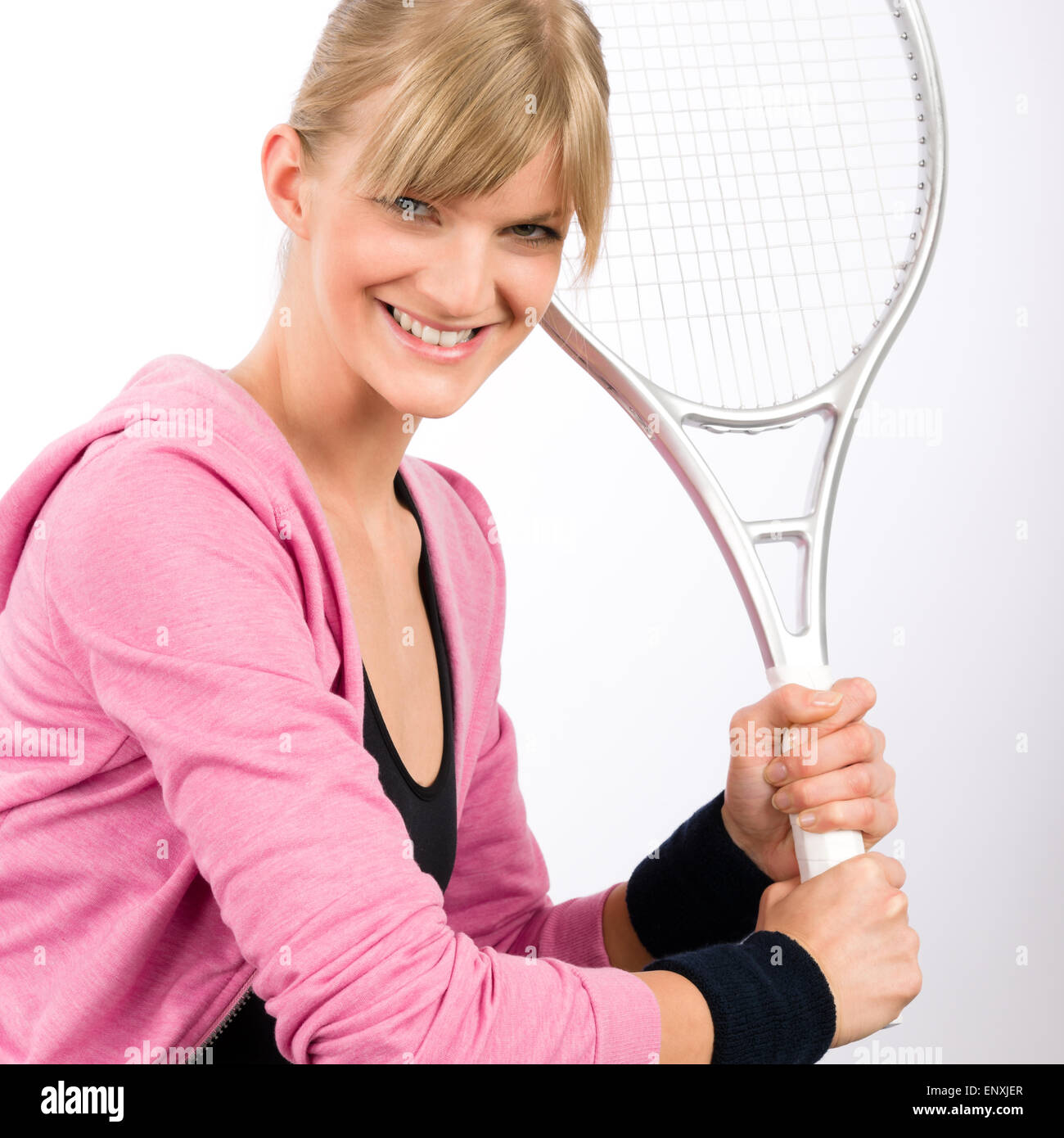 Tennis player woman young smiling serve racket Stock Photo - Alamy