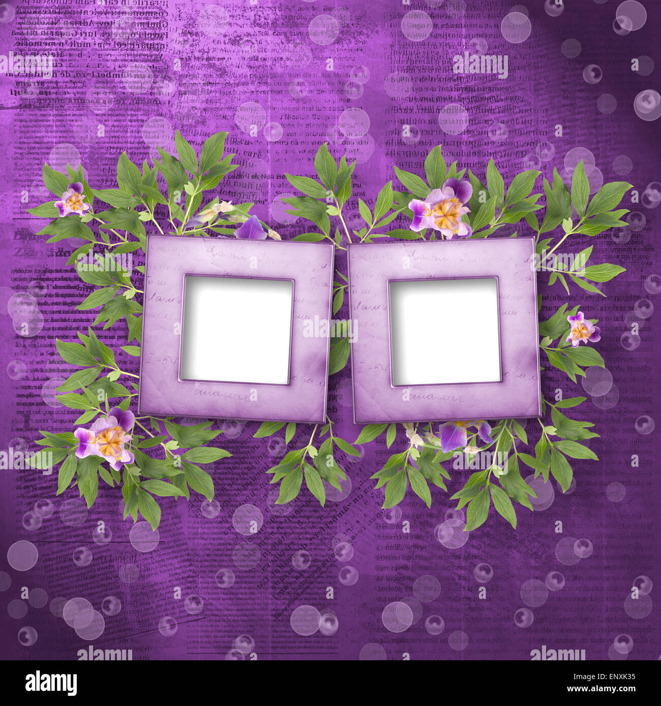 Old newspaper background with frame and bunch of flower Stock Photo