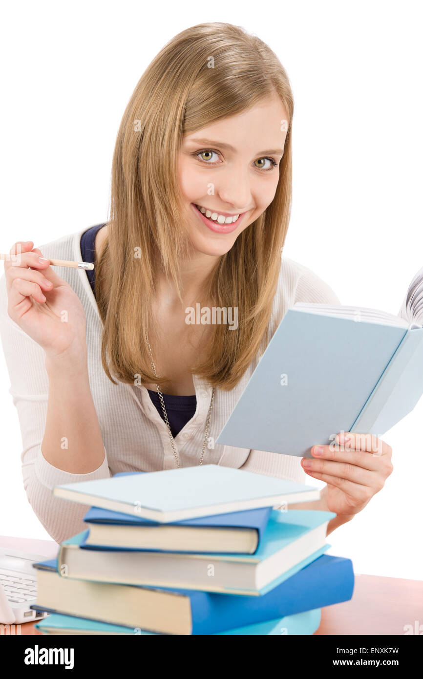 Student teenager woman write homework with book Stock Photo - Alamy