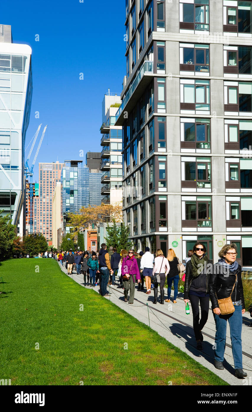 USA, New York, Manhattan, High Line linear park between buildings on a