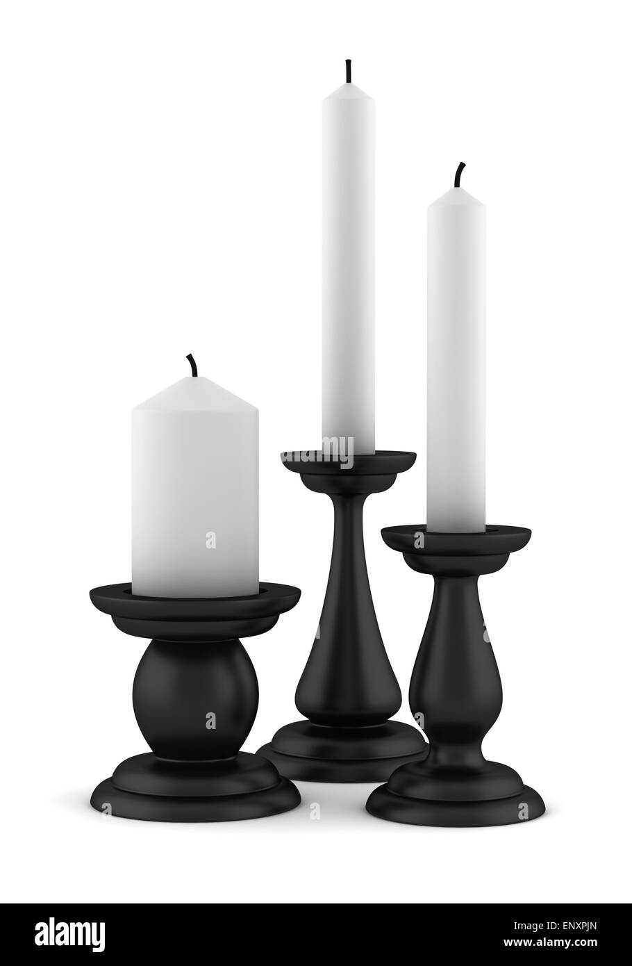 three black candlesticks with candles isolated Stock Photo Alamy