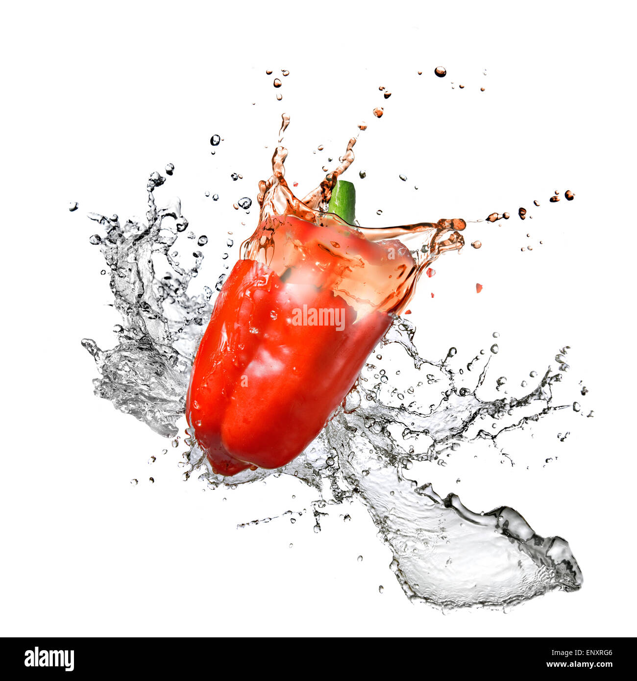 fresh water splash on red pepper isolated on white Stock Photo