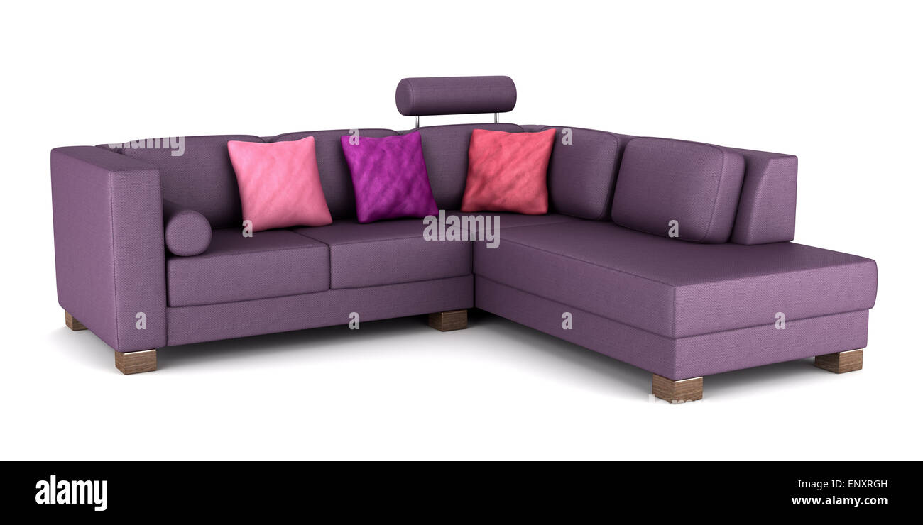 modern purple leather couch with pillows isolated Stock Photo
