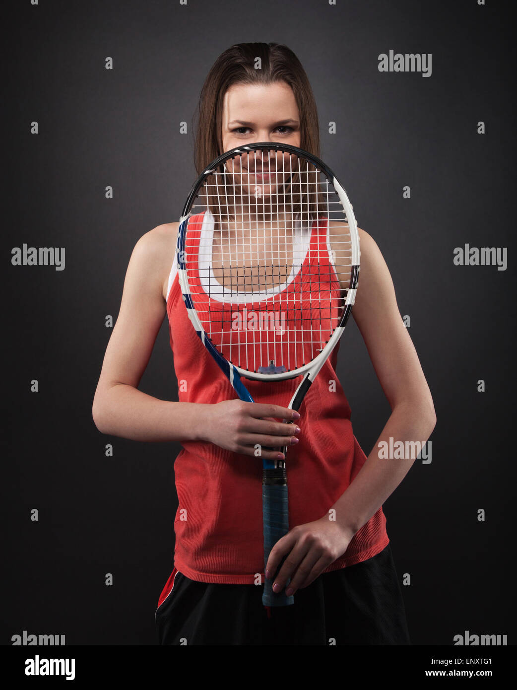 Portrait of sporty girl tennis player with racket Stock Photo Alamy