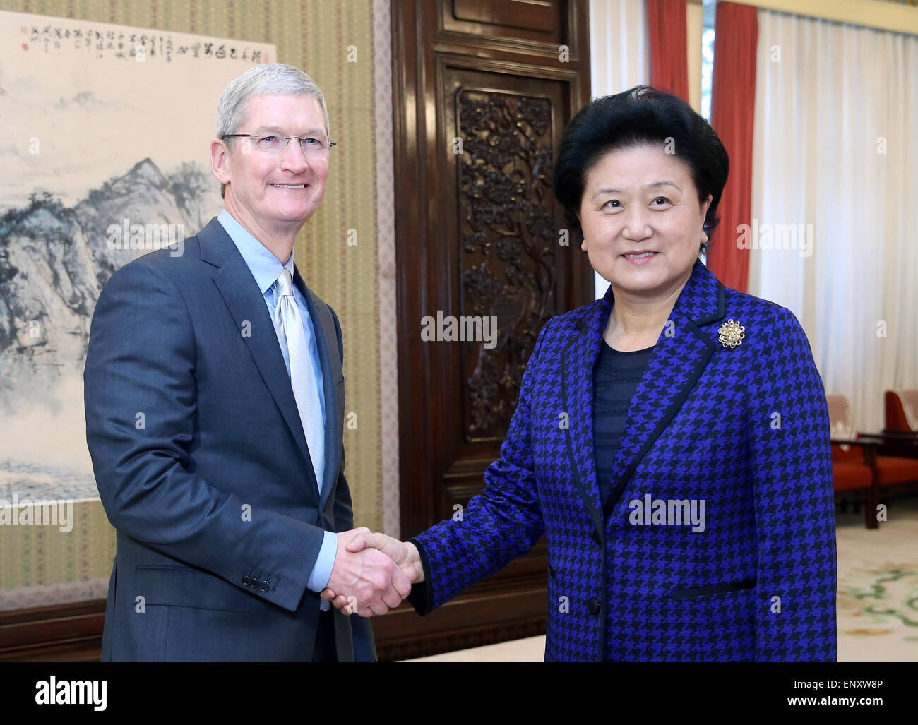 Beijing, China. 12th May, 2015. Chinese Vice Premier Liu Yandong (R) meets with visiting Apple CEO Tim Cook in Beijing, capital of China, May 12, 2015. Credit:  Yao Dawei/Xinhua/Alamy Live News Stock Photo