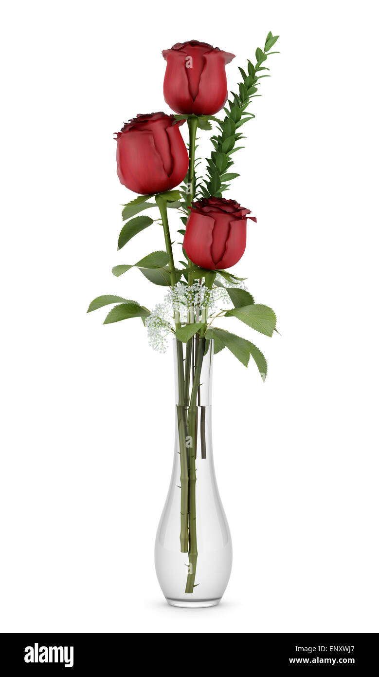 three red roses in glass vase isolated on white Stock Photo Alamy