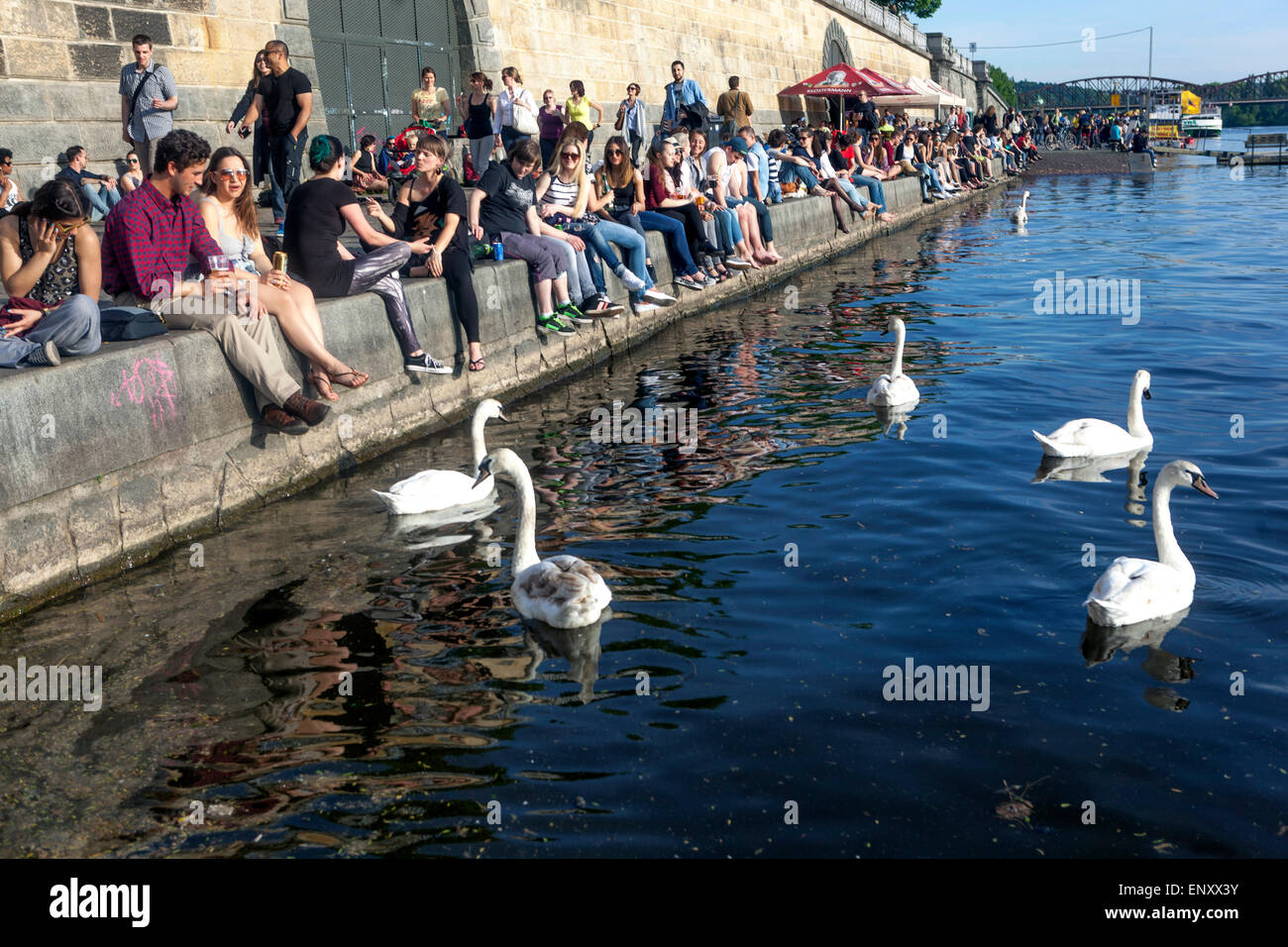 A crowd of people Prague River Czech Republic Europe city river Vltava in Prague Stock Photo