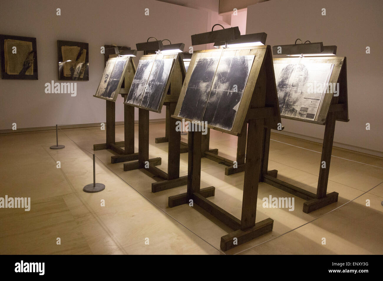 London, UK. 12 May 2015. Press preview of the exhibition 'Peter Kennard: Unofficial War Artist' at the Imperial War Museum in London, UK. The exhibition opens on 14 May 2015 and runs until 30 May 2016. This free exhibition at IWM London will be the first major retrospective of Kennard's work charting a 50 year career featuring over 200 artworks and related items, including a new art installation ‘Boardroom’ created especially for the exhibition. Political artist Peter Kennard has inpired artists from Mark Wallinger to Banksy. Stock Photo