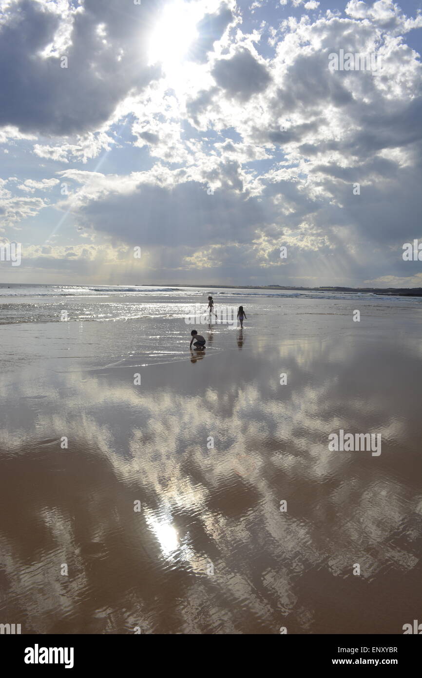 Between Heaven & Earth, Kids At Beach, Golden Beach, Blue Skies, Sun Reflecting, Waves, Stock Photo