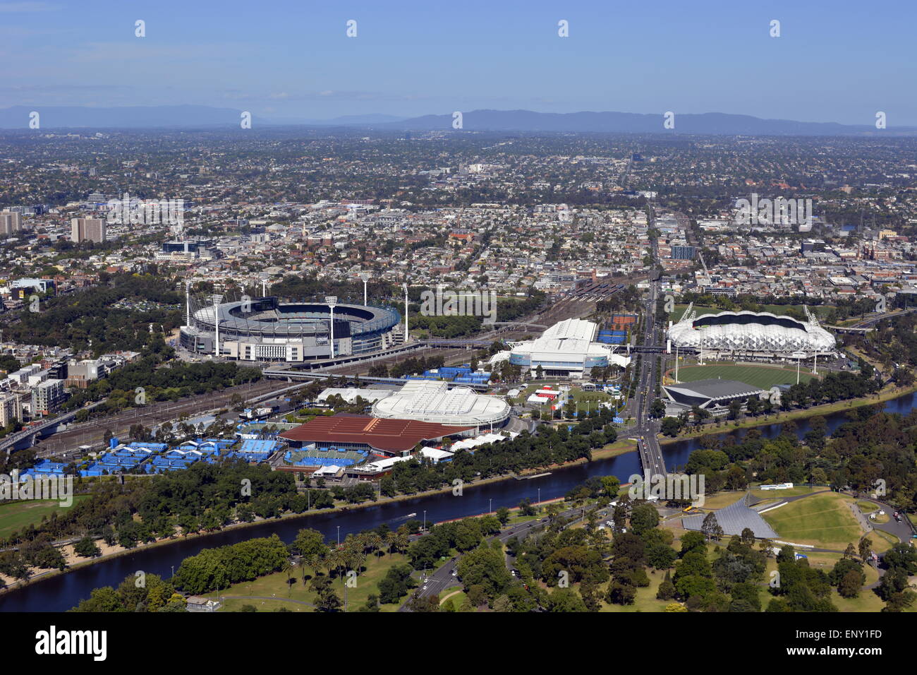 Melbourne Australia, Albert Park Lake, MCG, Yarra River, St Kilda Beach, St Kilda Pier, Blue Skies, Beach, Melbourne Tennis. Stock Photo