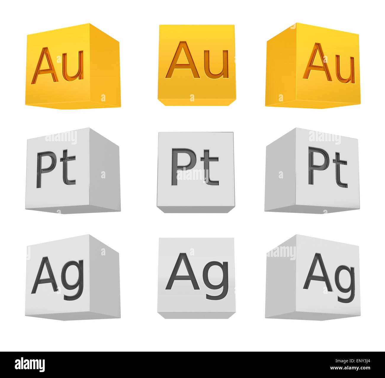 Noble metal cube set, gold, silver, platinum, front-bottom view,  rendered model Stock Photo