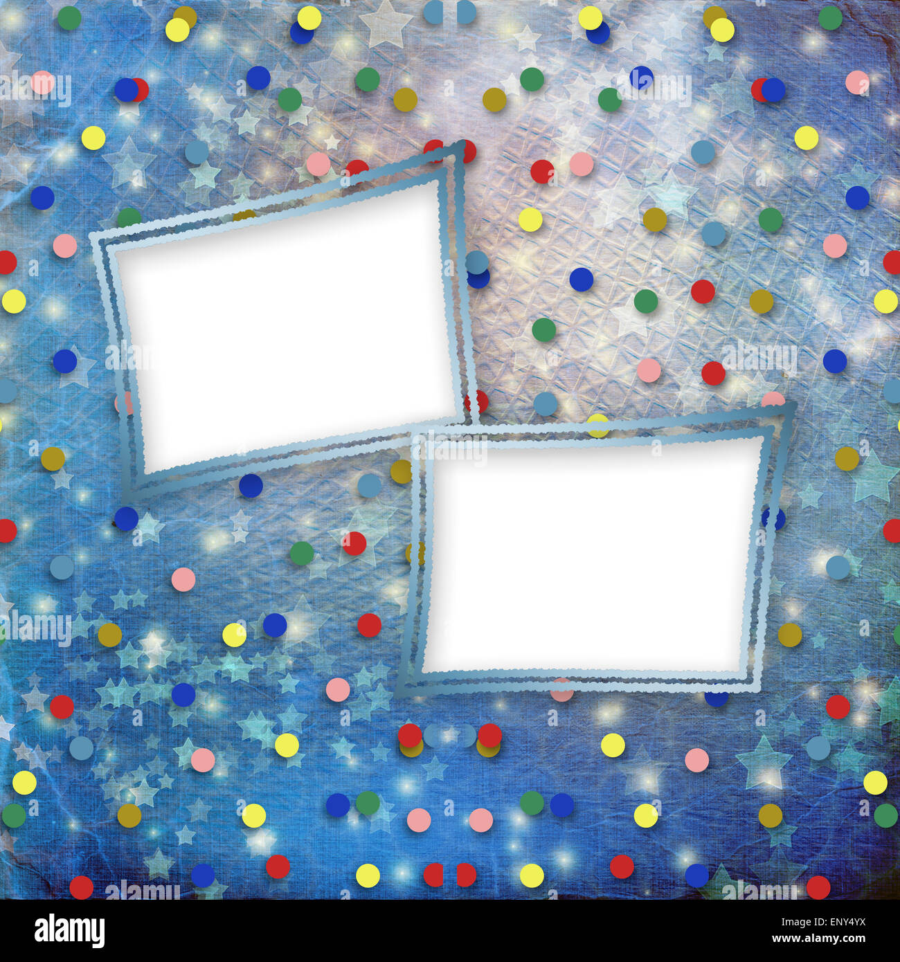 Blue cheerful background with multicolored confetti and stars Stock
