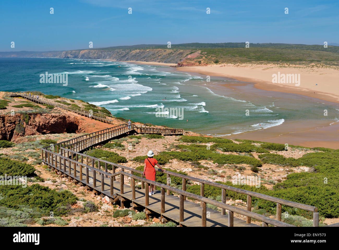 Portugal, Algarve: Tourist enjoying spectacular view of beach Praia da Bordeira in Carrapateira Stock Photo