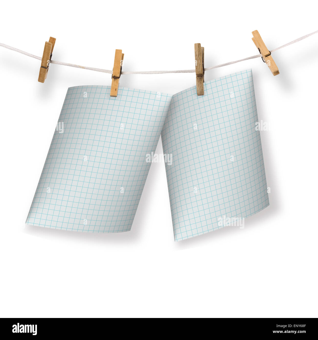 Greeting card hanging on a rope and clothespins on the white background