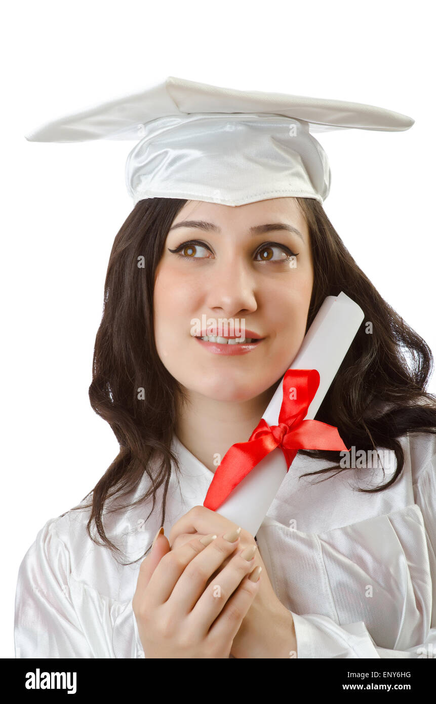 Happy student celebrating graduation on white Stock Photo - Alamy