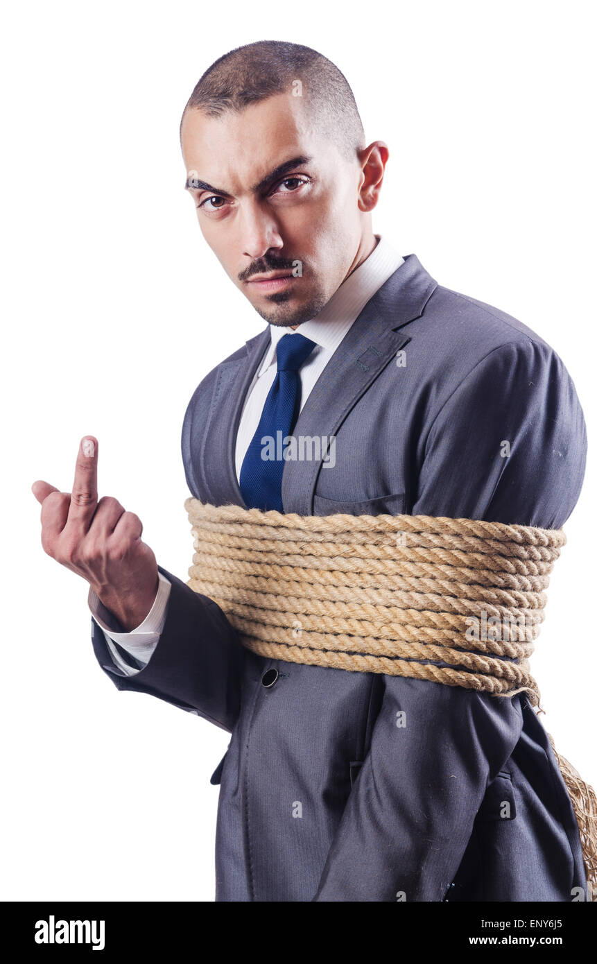 Businessman Tied Up With Rope Stock Photo - Alamy