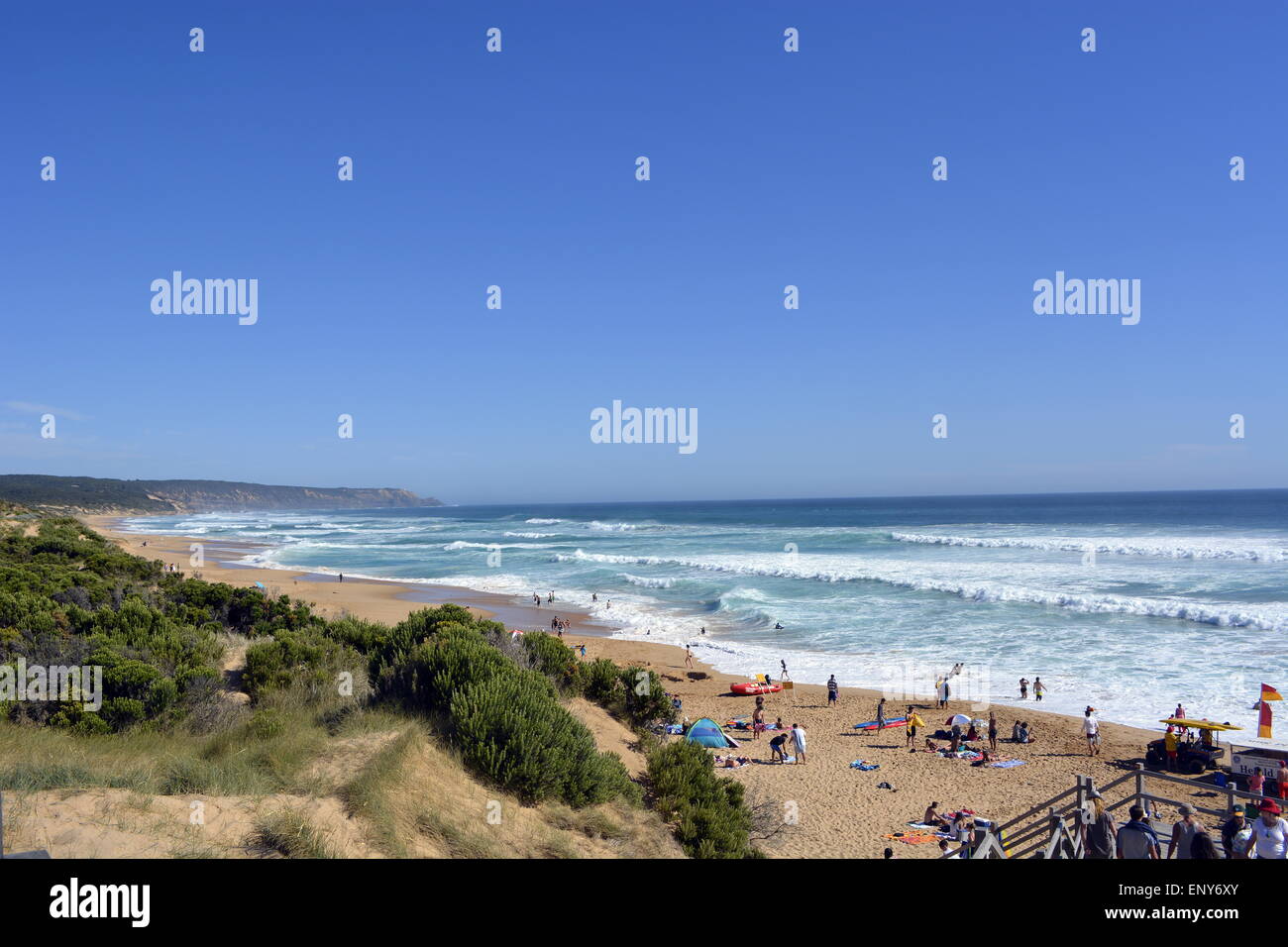 Beach Rolling Waves Blue Skies Golden Beach Australian Surf Beach Summer Victoria Australia Stock Photo