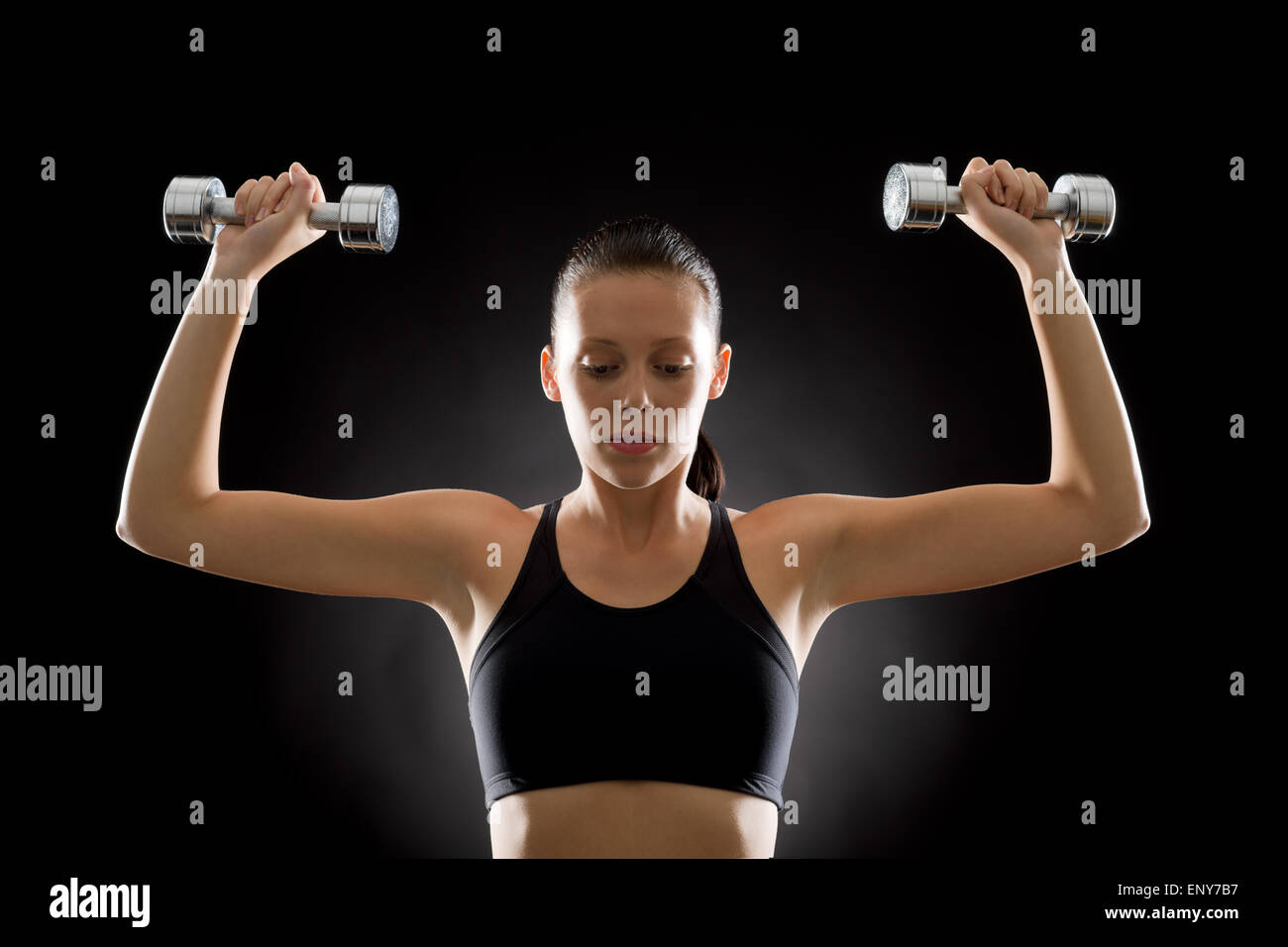 Black fitness woman young sport weights exercise Stock Photo