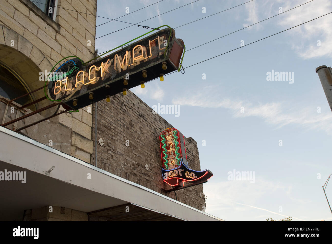 Neon signs of Blackmail, a boutique and Hertitage Boot Company, located in SoCo (South Congress) section of Austin TX Stock Photo