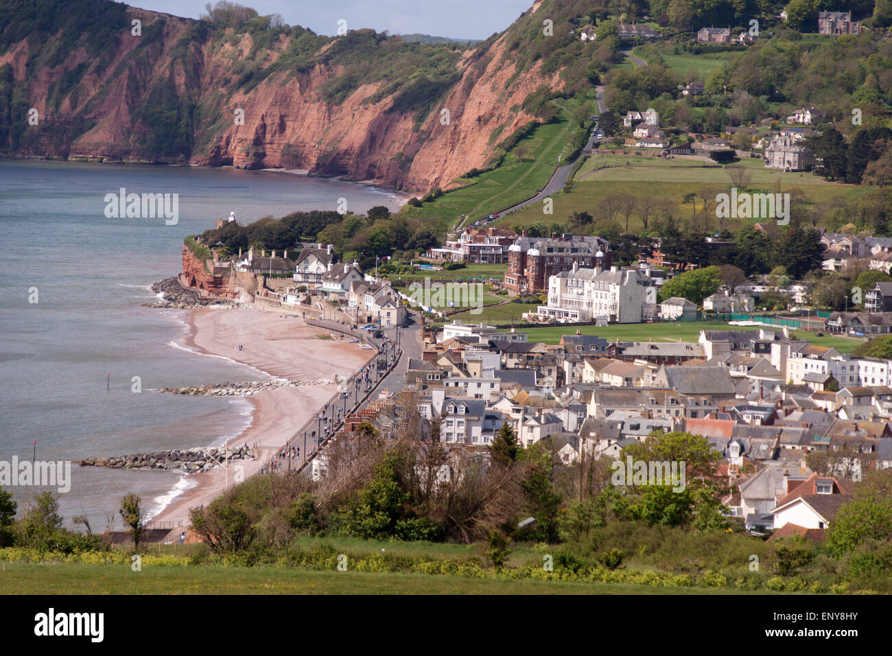 Sidmouth. The South West Coastal Path at Salcombe Hill cliff, at Sidmouth, Devon, with the town and Lyme Bay behind. Stock Photo