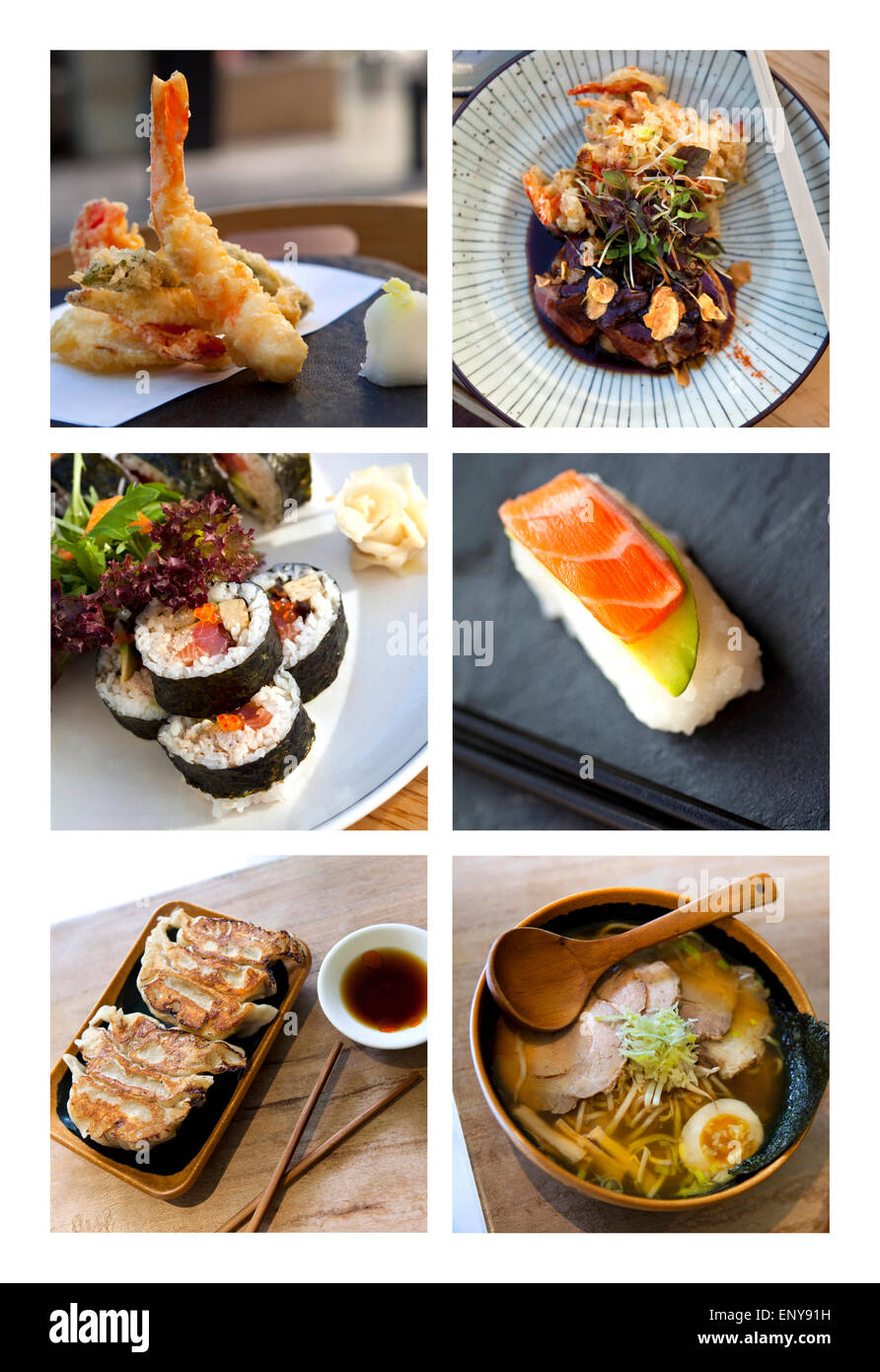 Various Japanese dishes and meals on a collage Stock Photo