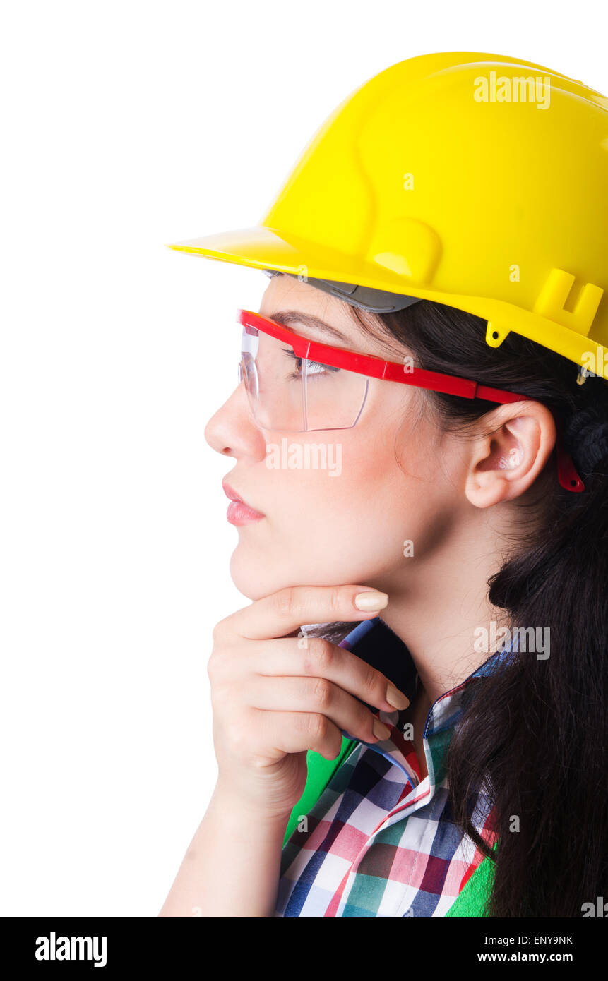 Female construction worker isolated on white Stock Photo - Alamy