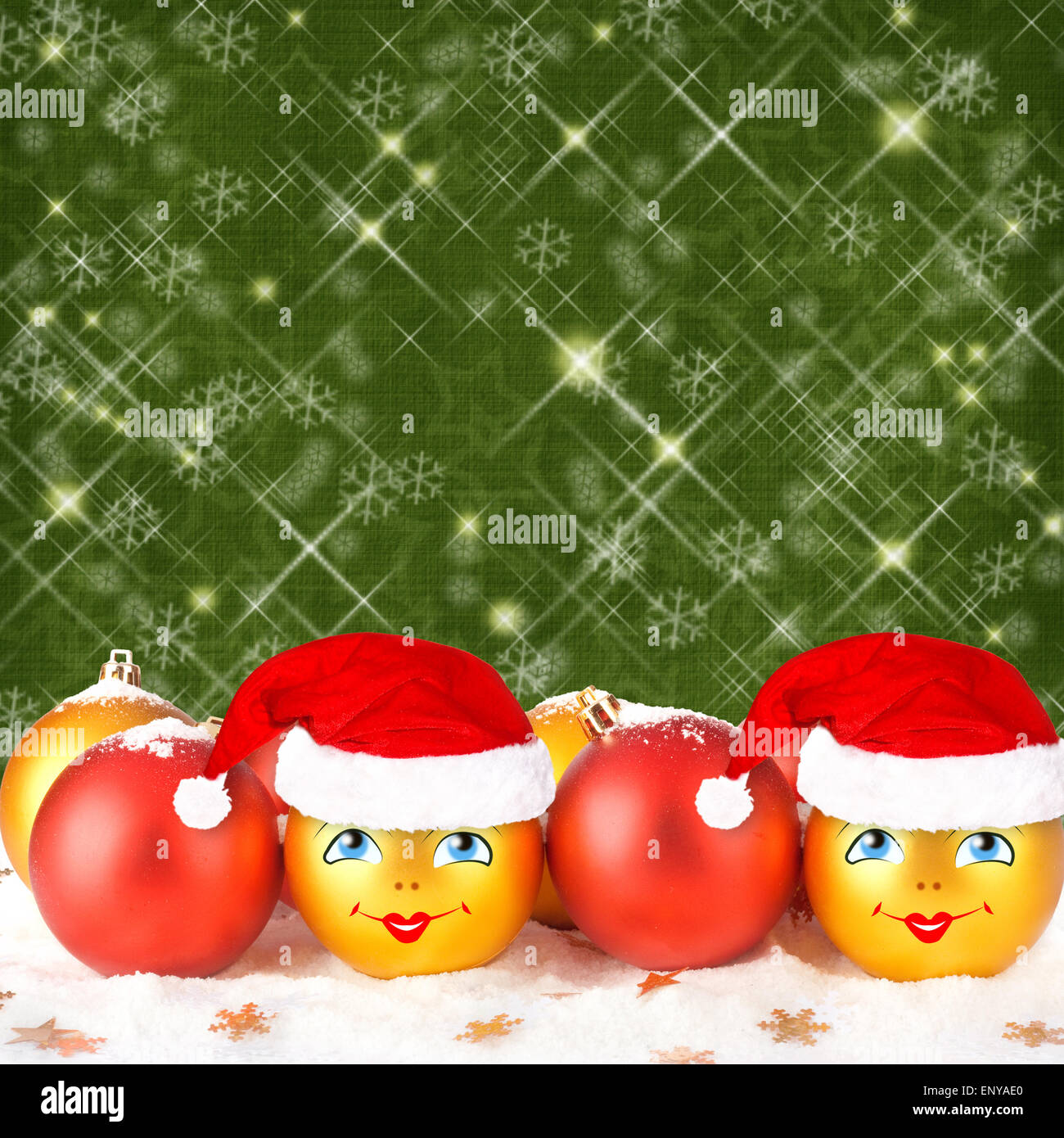 Christmas ball in the hat of Santa Claus  on the abstract background with stars Stock Photo