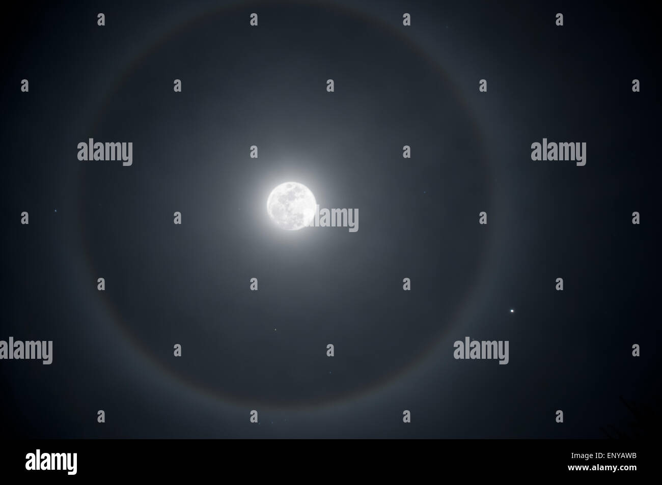 Moon halo phenomenon. Beautiful night landscape of dark sky and bright ring  around the moon effect. Serenity nature background. The moon taken with my  Stock Photo - Alamy