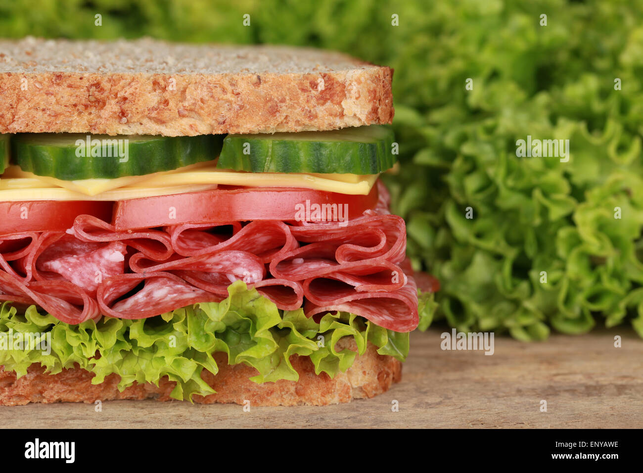 Sandwich mit Salami und Textfreiraum Stock Photo
