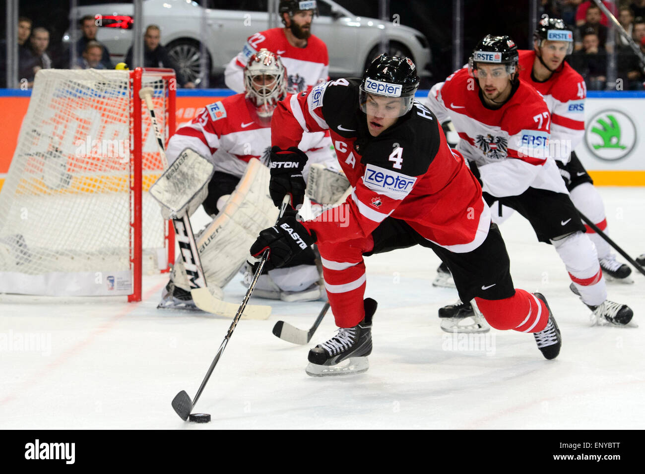 Prague, Czech Republic. 12th May, 2015. Left to right: goalkeeper Bernhard Starkbaum and Nicolas Petrik (both AUT), forward Taylor Hall (CAN) and defenders Florian Muhlstein and Florian Iberer (both AUT) in action during their Hockey World Championships Group A match Canada vs Austria in Prague, Czech Republic, May 12, 2015. Credit:  CTK/Alamy Live News Stock Photo