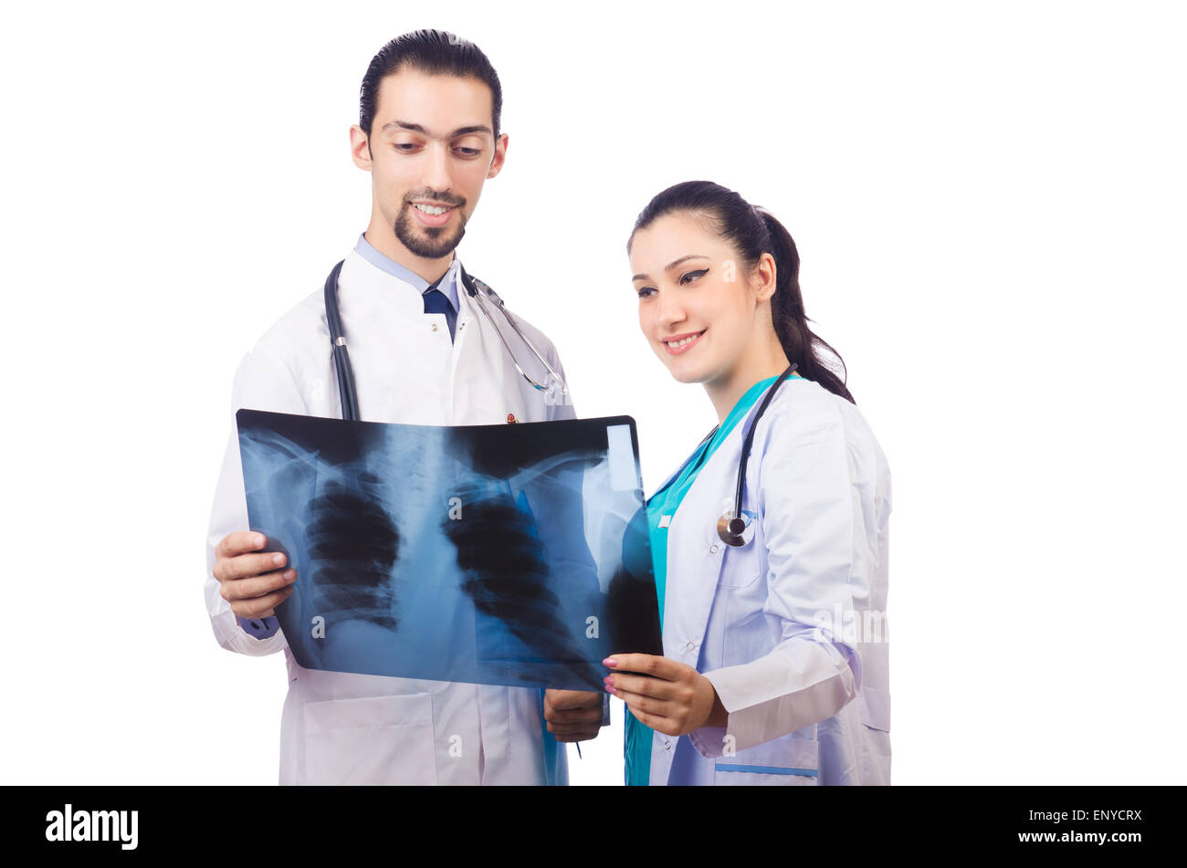 Two doctors looking at x-ray image on white Stock Photo - Alamy