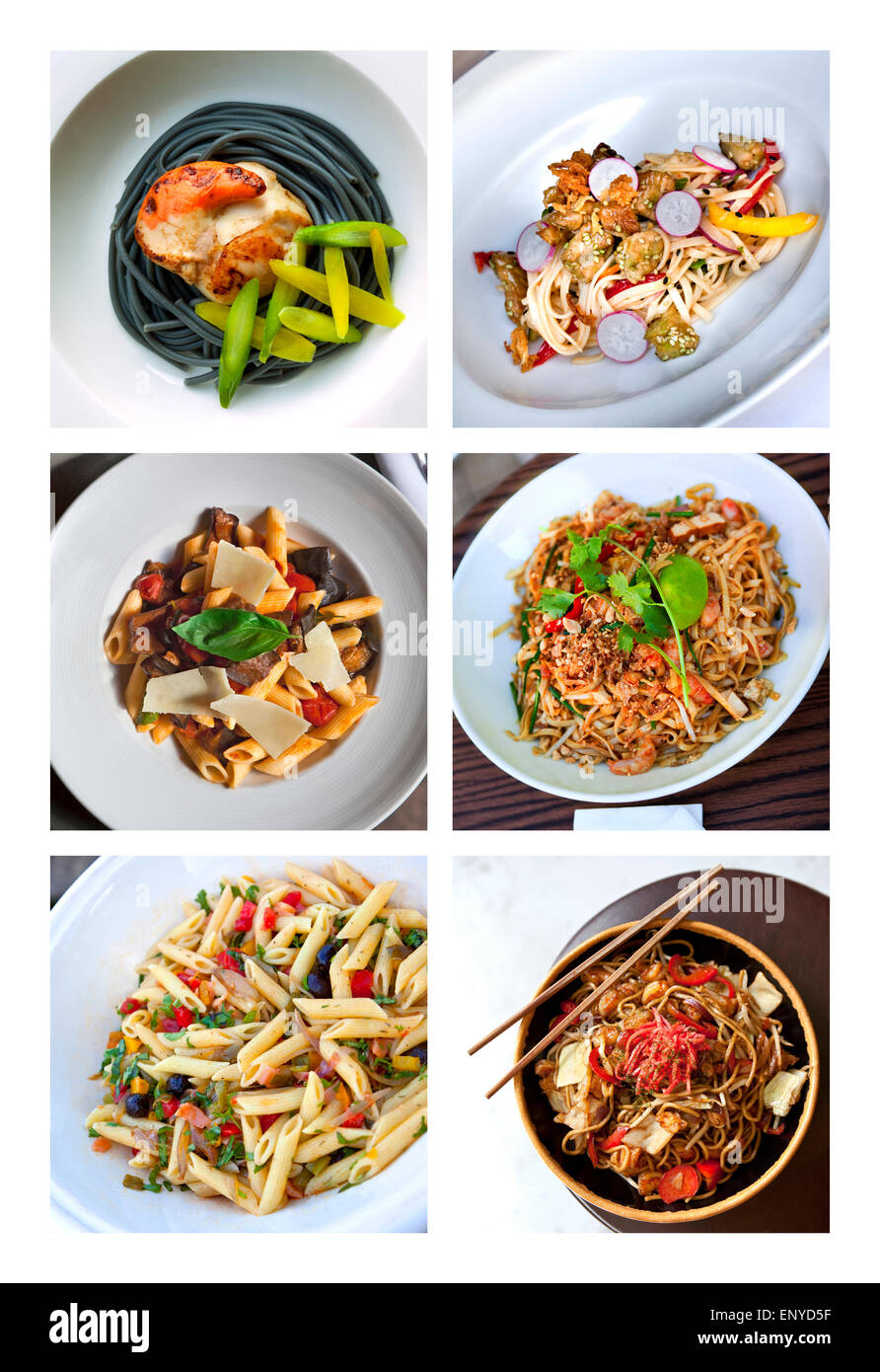 Various French and Italian pasta dishes on a collage Stock Photo
